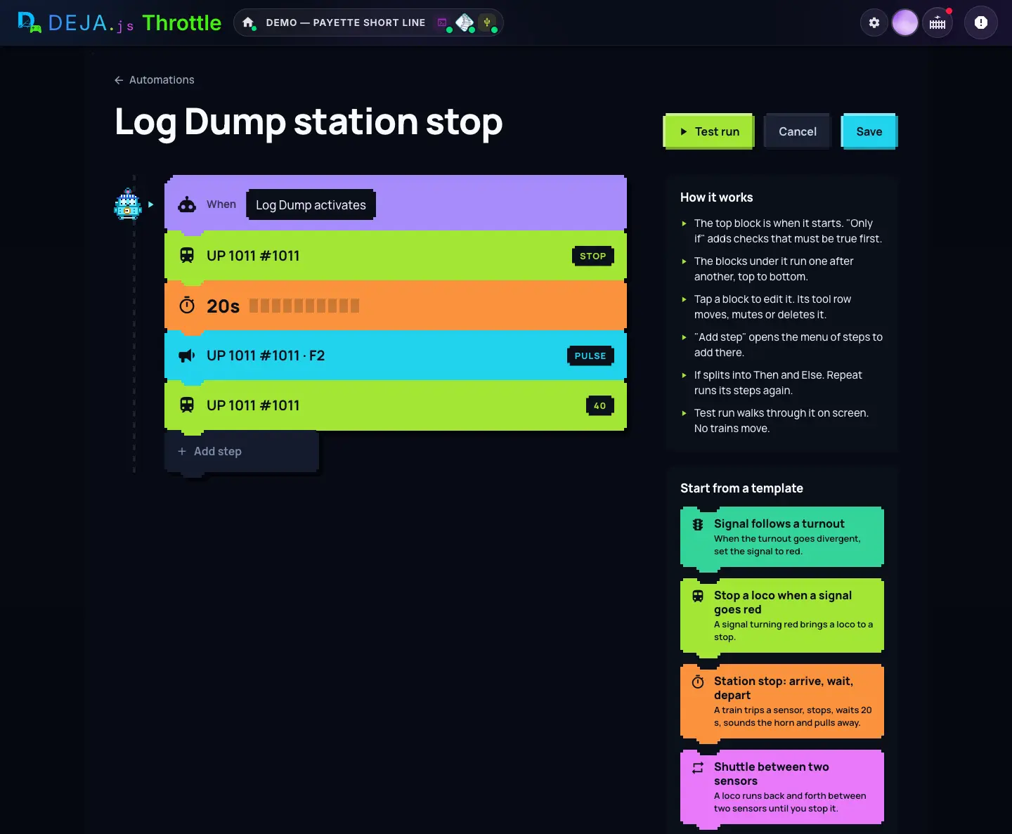 Automation Studio editing Log Dump station stop: the When block, four step blocks, Add step, Test run, Cancel and Save, and the How it works and Start from a template panels