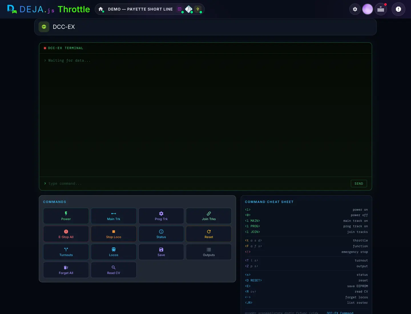 The DCC-EX page: the DCC-EX terminal with its command box and SEND, the Commands grid, and the Command Cheat Sheet