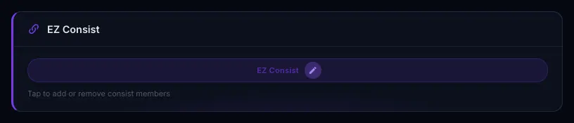 The EZ Consist section: a purple bar reading EZ Consist with a pencil, and the hint “Tap to add or remove consist members”