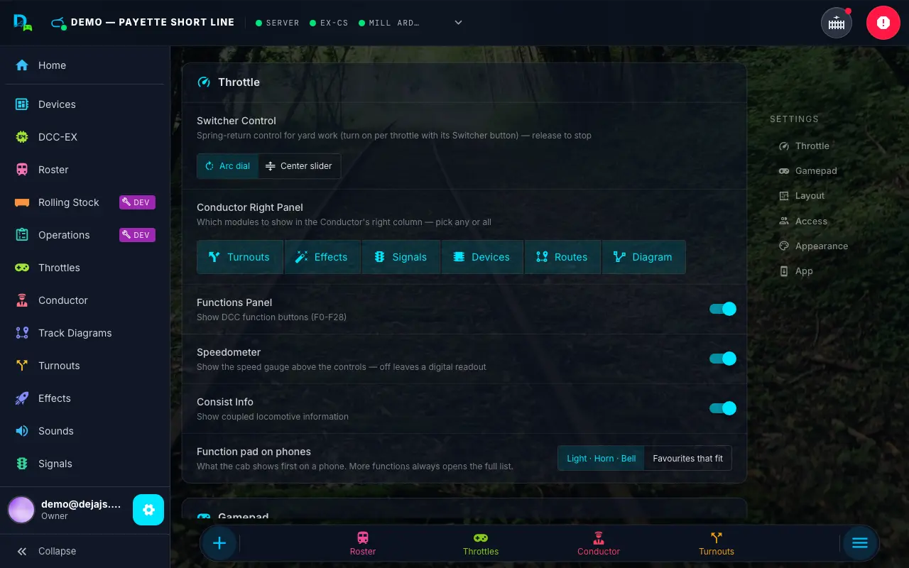 Throttle settings screen