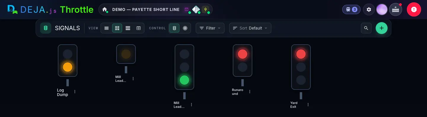 The Signals page: the toolbar with View, Control, Filter, Sort and +, and five signal heads showing yellow, yellow, green, red and red