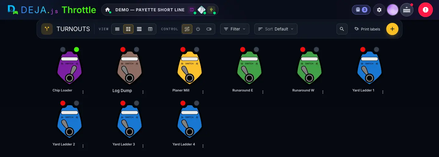 The Turnouts page: the toolbar with View, Control, Filter, Sort, Print labels and +, and nine coloured CTC lever tiles