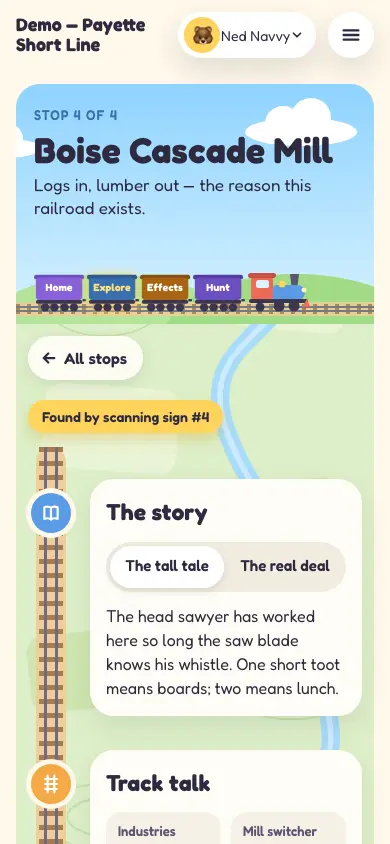 A guest stop page: the Boise Cascade Mill, with its story and track talk