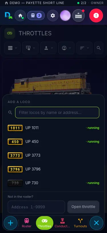 The + Loco panel: filter, your roster with running locos marked, and an address field