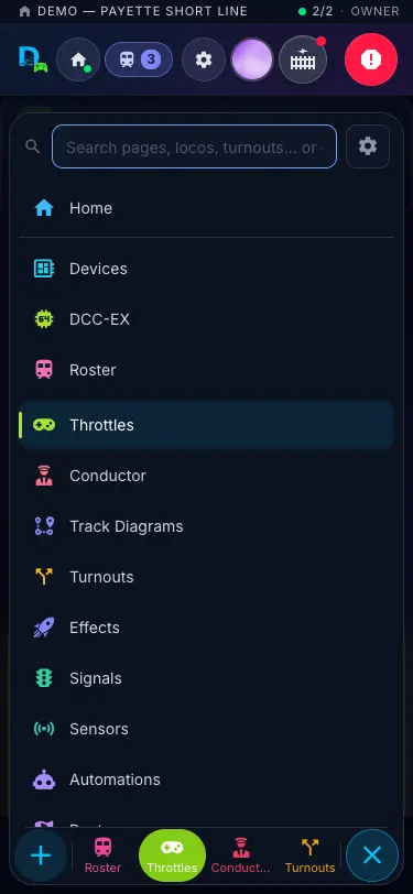 The dock Menu open: a search box and the list of pages
