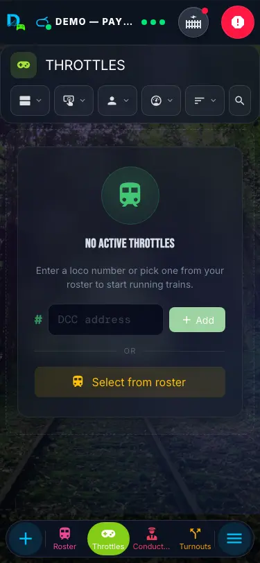 Throttles page with locomotive cards